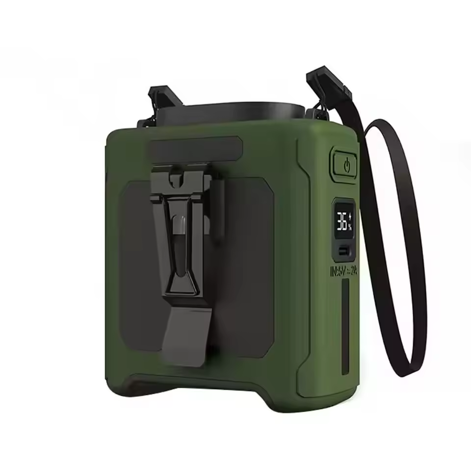 This wearable waist fan integrates cooling fan, emergency power bank and LED flashlight. It can clip on your belt, hang around neck or stand on desk, perfect for outdoor work, fishing, hiking and camping.