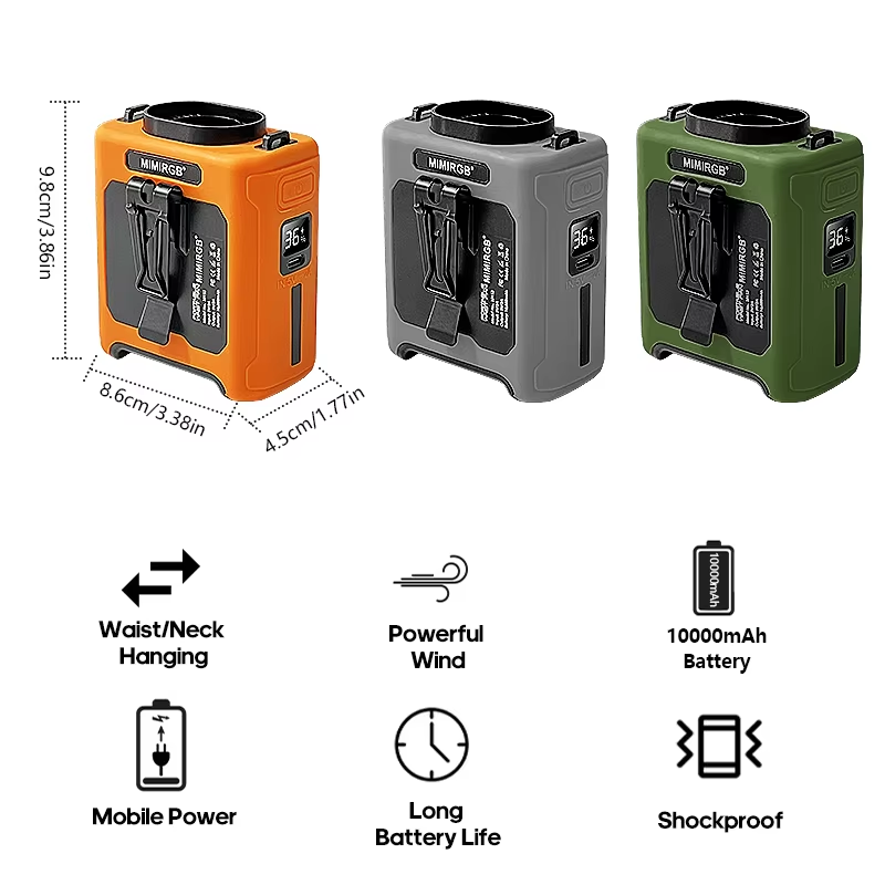 This wearable waist fan integrates cooling fan, emergency power bank and LED flashlight. It can clip on your belt, hang around neck or stand on desk, perfect for outdoor work, fishing, hiking and camping.